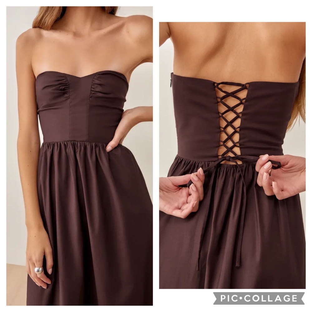 Reformation Buckley Corset Back Strapless Midi Dress in Cafe